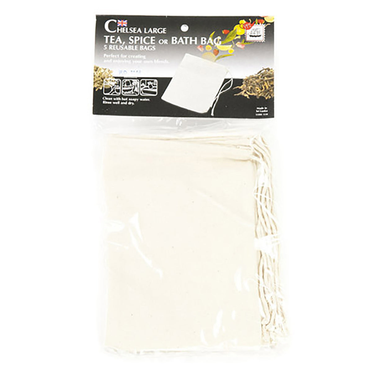 Pack of Chelsea Large tea, spice, or bath reusable bags on a white background