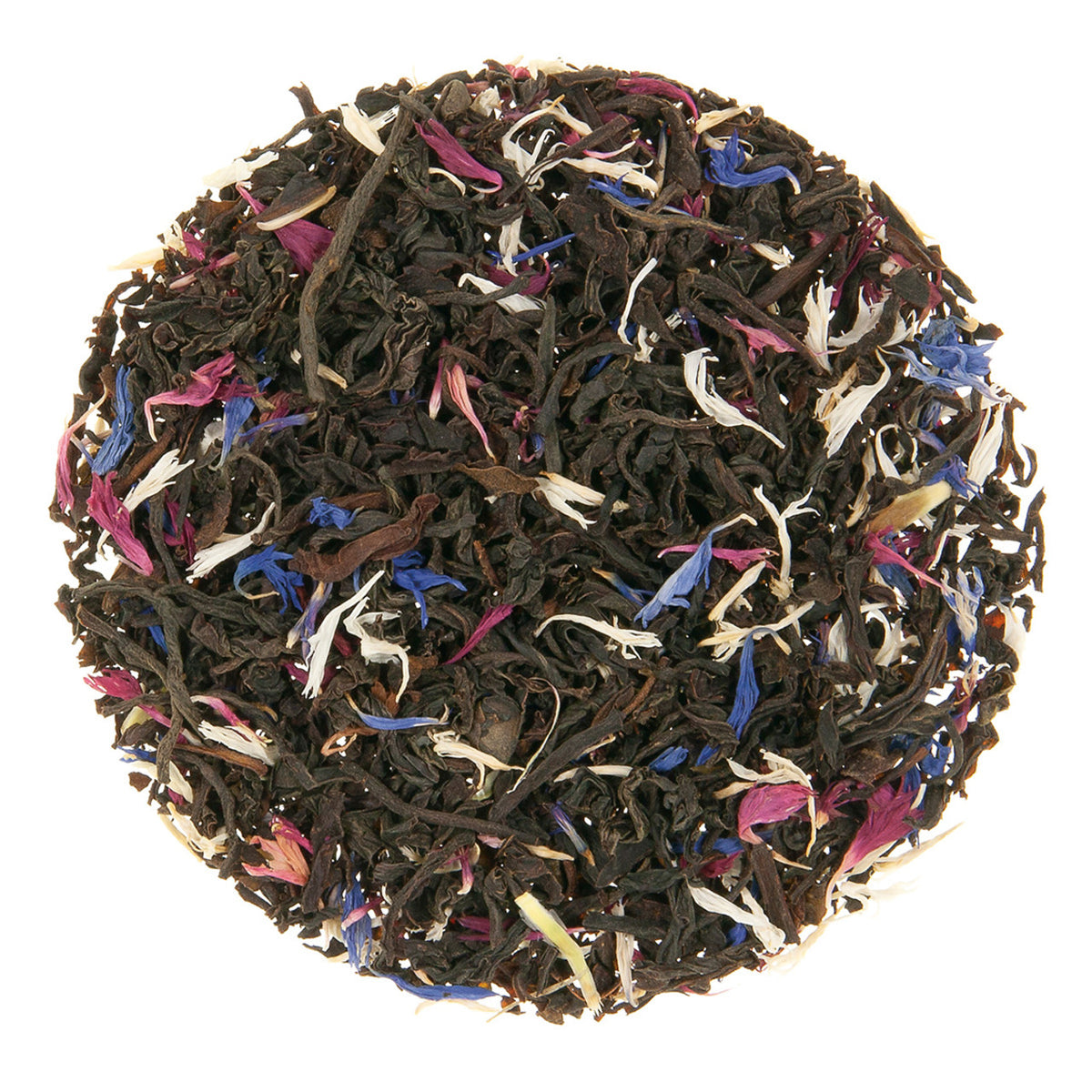 Tea ball with black tea leaves and colorful flowers on a white background