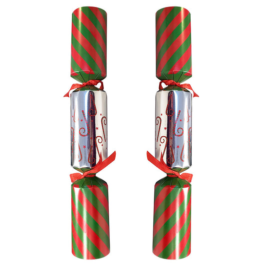 Two Christmas crackers with red and green striped design on a white background