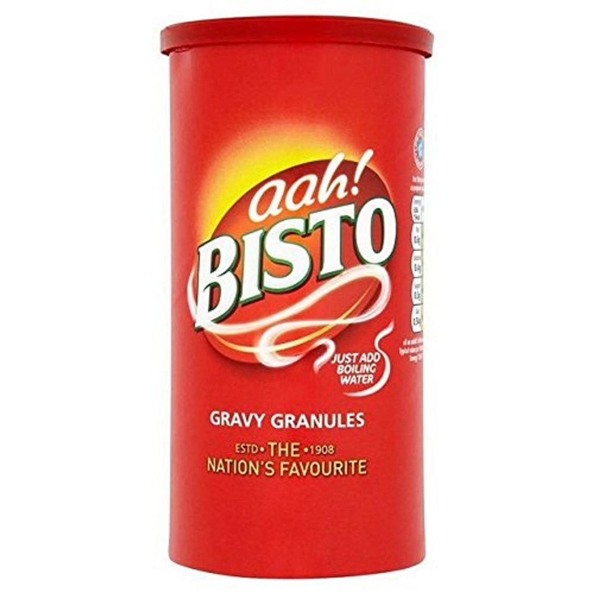 Red can of Bisto gravy granules on a white background