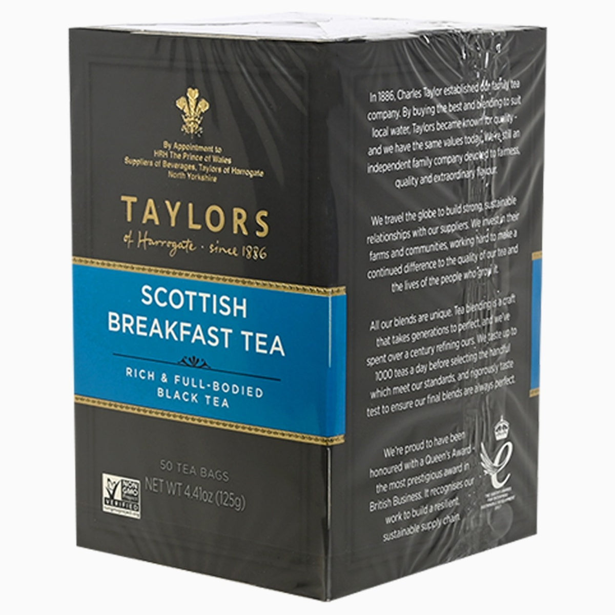 Box of Taylors Scottish Breakfast Tea with branding and product details.