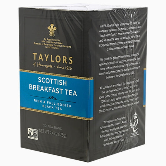 Box of Taylors Scottish Breakfast Tea with branding and product details.