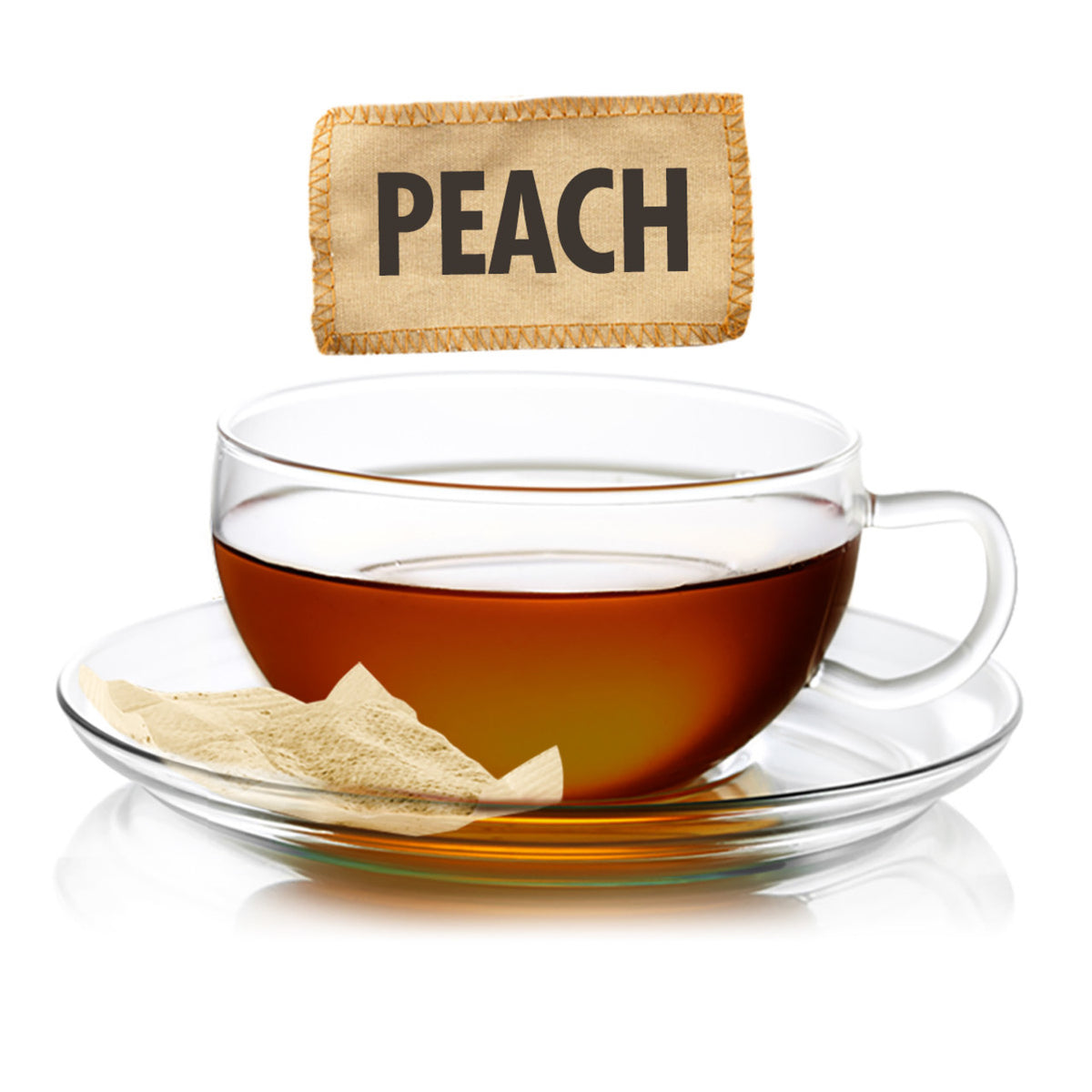 Clear glass cup with peach-flavored tea and a labeled peach tea bag on a white background