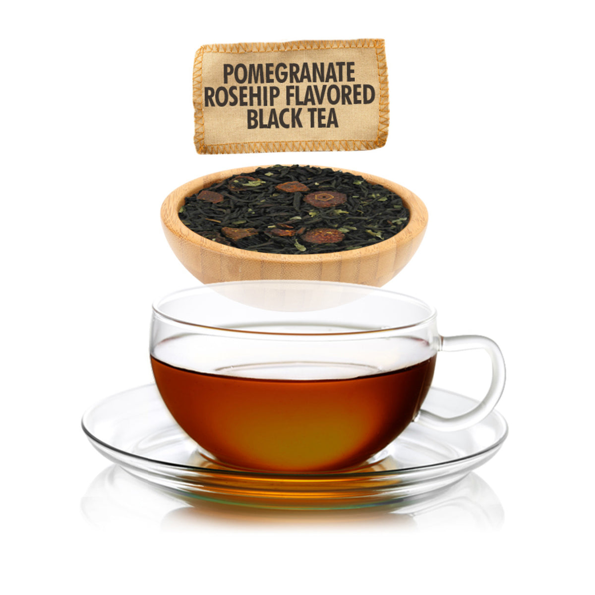 Pomegranate Rosehip Flavored Black Tea with a cup of tea and tea leaves on a white background
