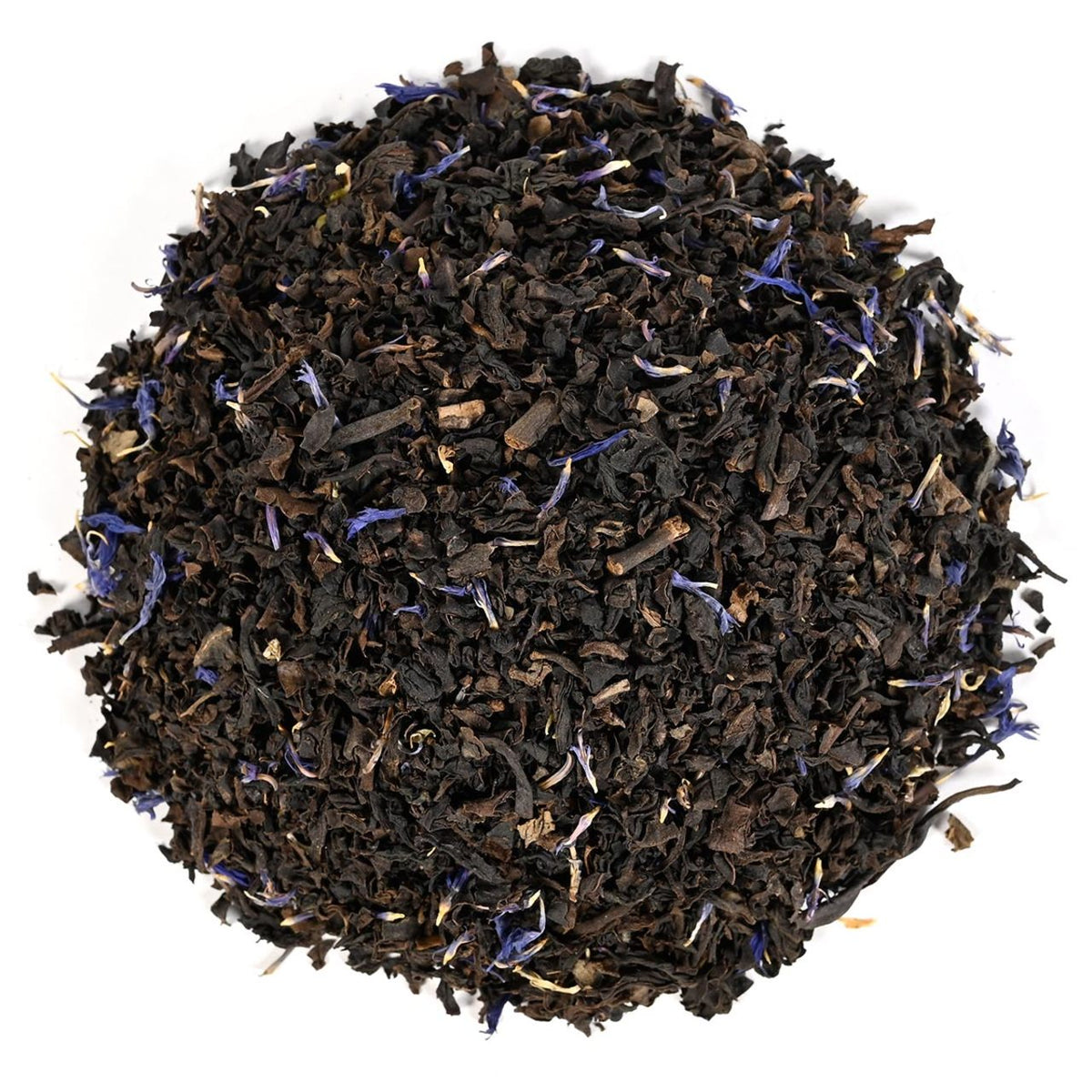 Black tea with blue flower petals on a white background
