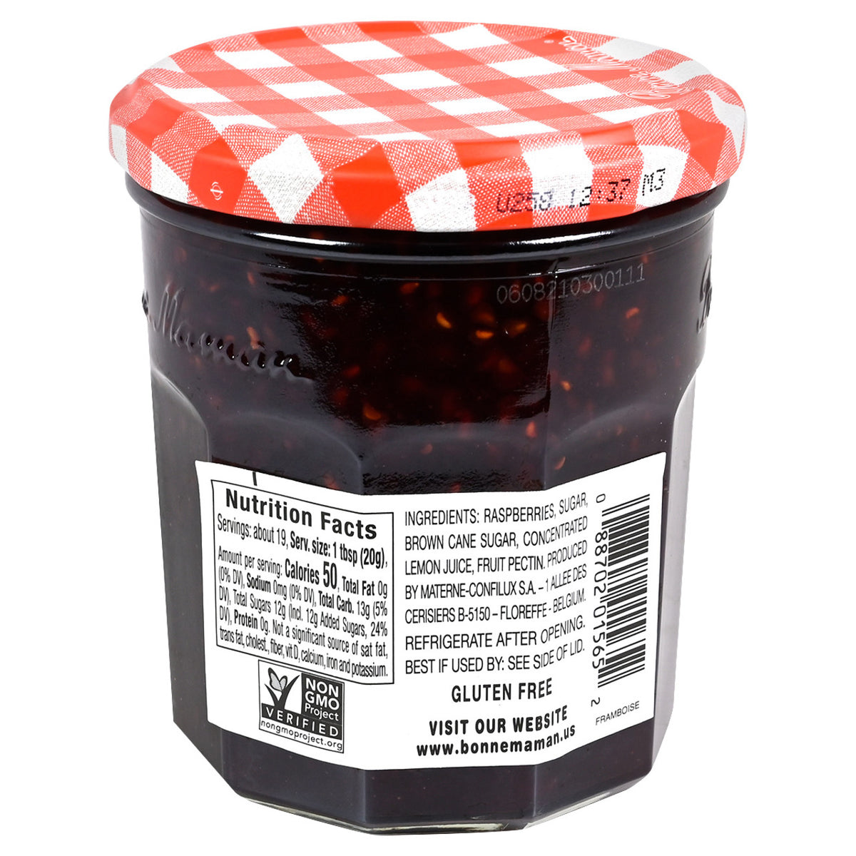 Jar of Bonne Maman Raspberry jam with a red and white checkered lid, showing nutrition facts label.