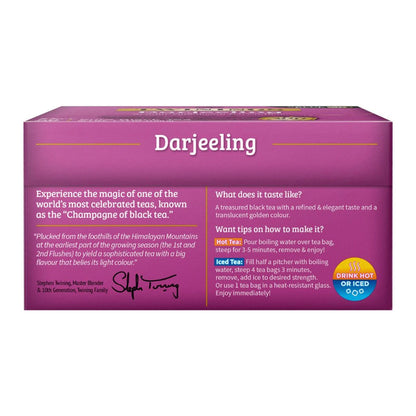Darjeeling tea packaging from the side with purple background and white text.  Package is on a white background.