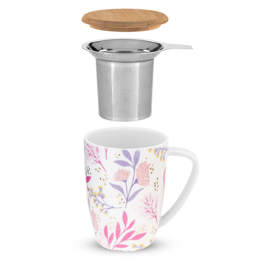 Floral mug with a metal infuser and wooden lid on a white background