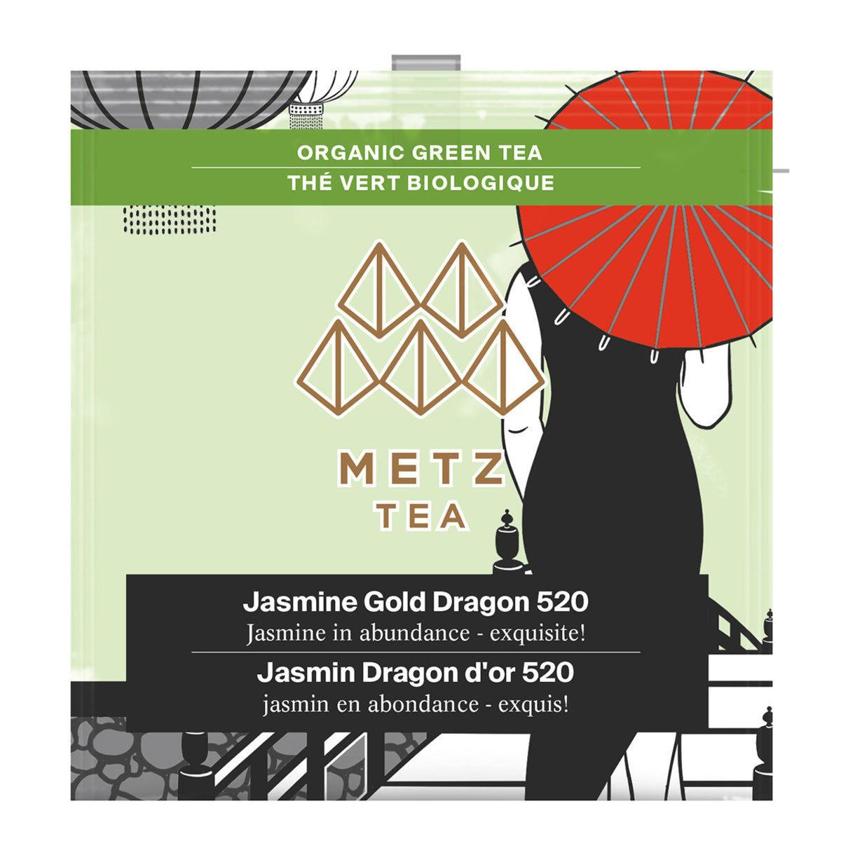 An individually wrapped Metz Jasmine Gold Treen tea featuring the drawing of a woman holding a red umbrella.