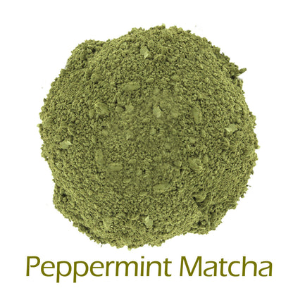 Peppermint Matcha powder on a white background with product title text callout at bottom