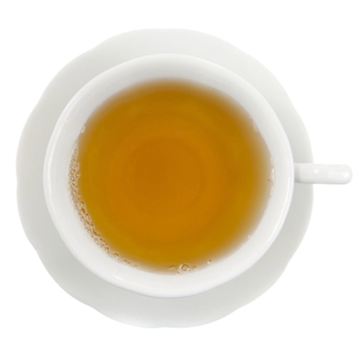 White cup and saucer with a hot tea on a white background