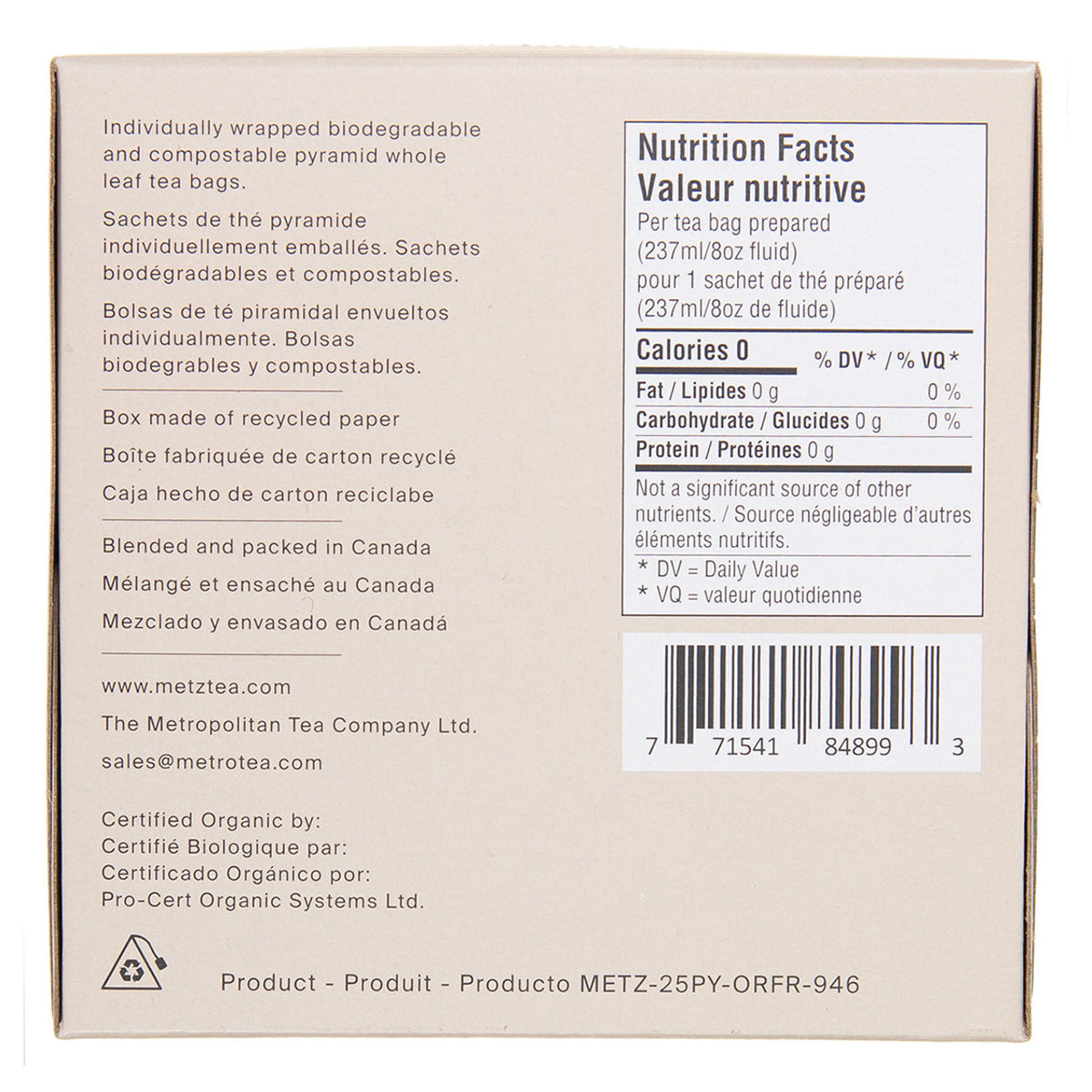 Back of a tea package with nutrition facts label and product details.