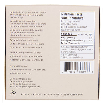 Back of a tea package with nutrition facts label and product details.