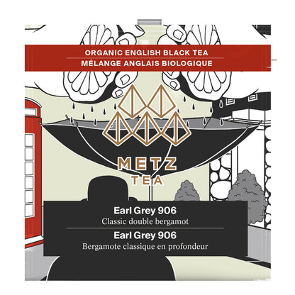 Metz Tea packaging for Earl Grey 906 tea with illustrations and text.