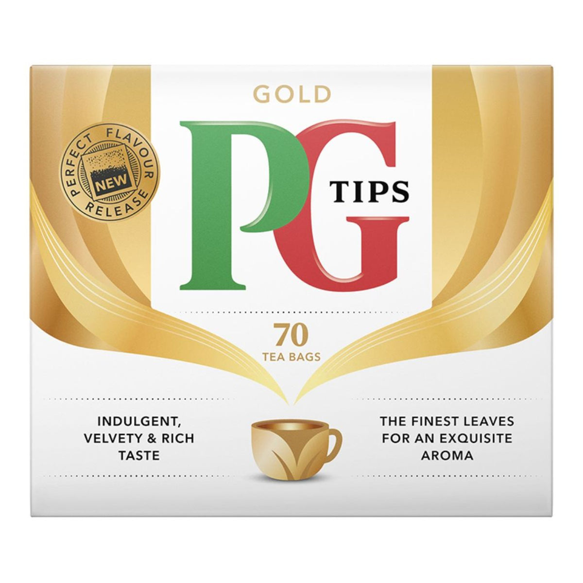 PG Tips tea bags packaging with gold, green, and red colors on a white background