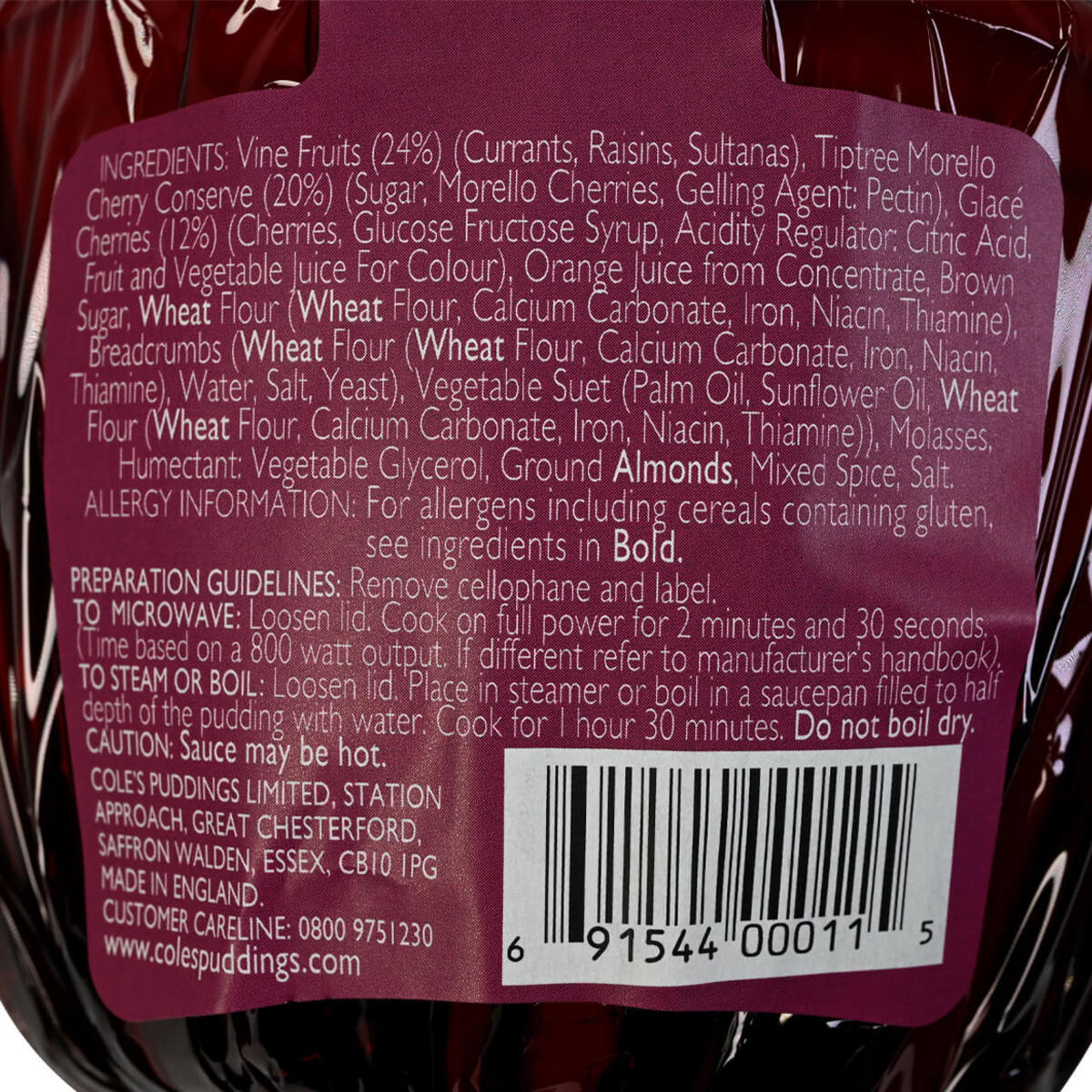 Ingredients listing label on Coles Pudding package