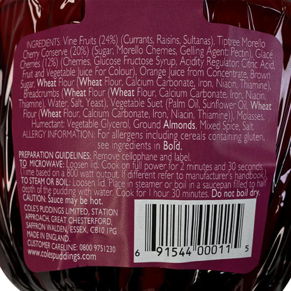 Ingredients listing label on Coles Pudding package