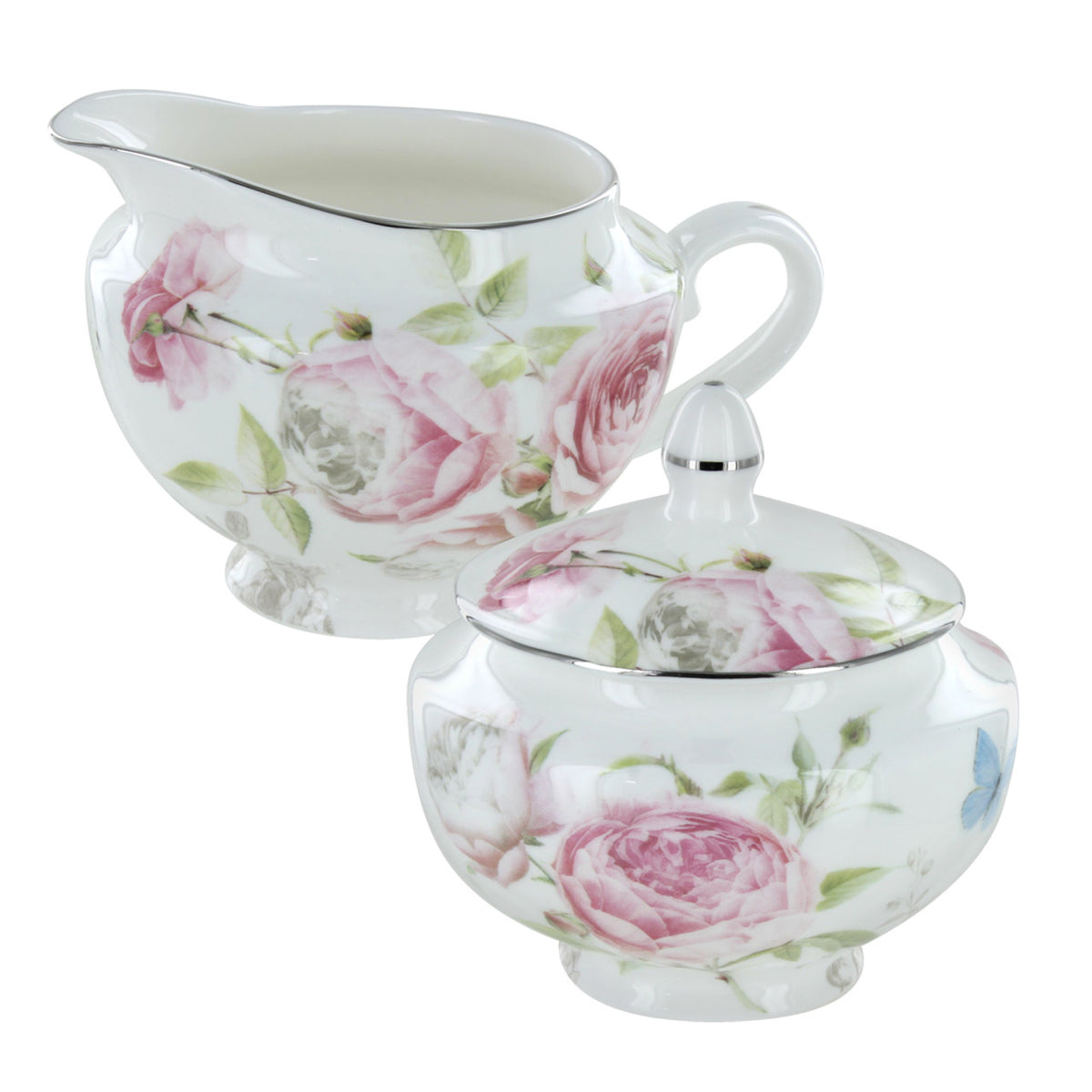 Floral-patterned rose bone creamer and sugar bowl set on a white background