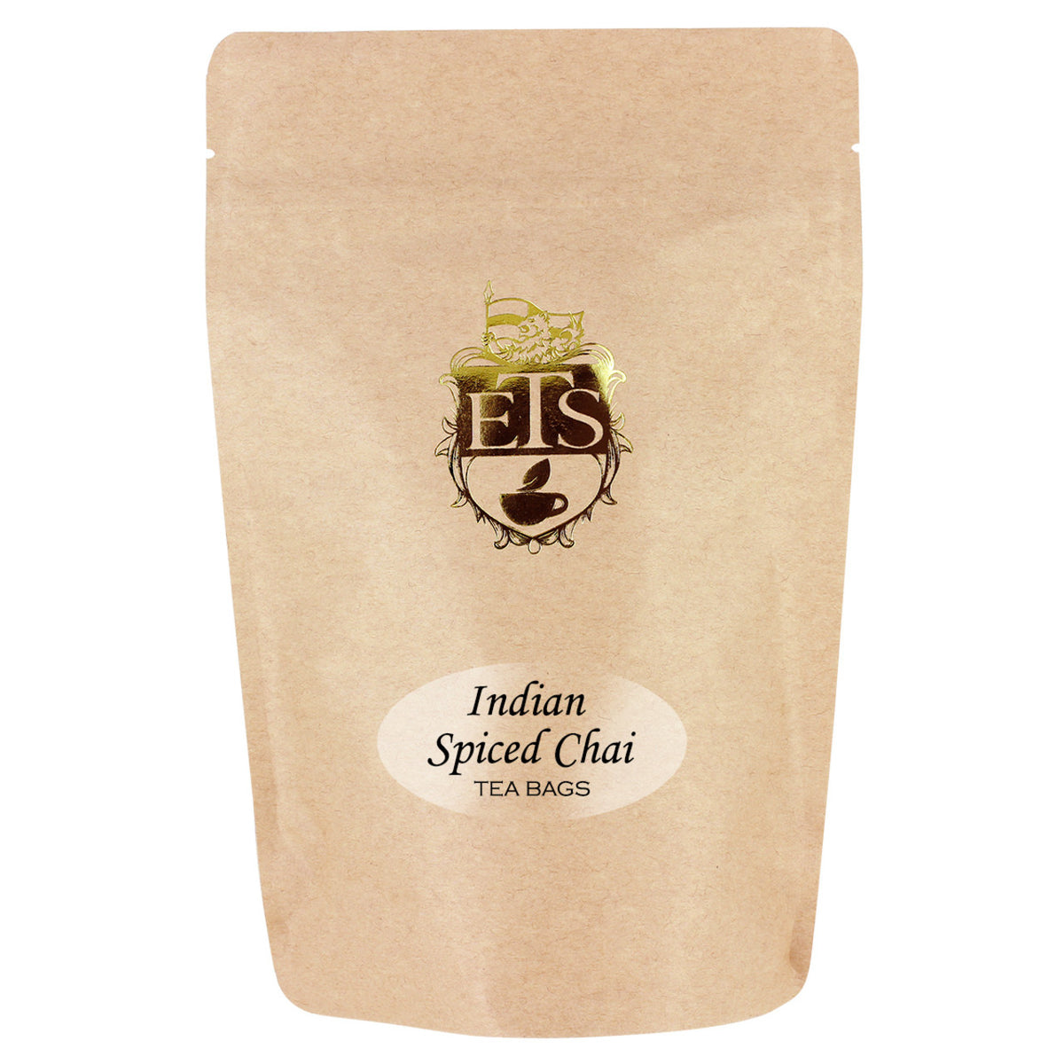 Kraft paper packaging of Indian Spiced Chai tea bags with a visible ETS brand logo on a white background.