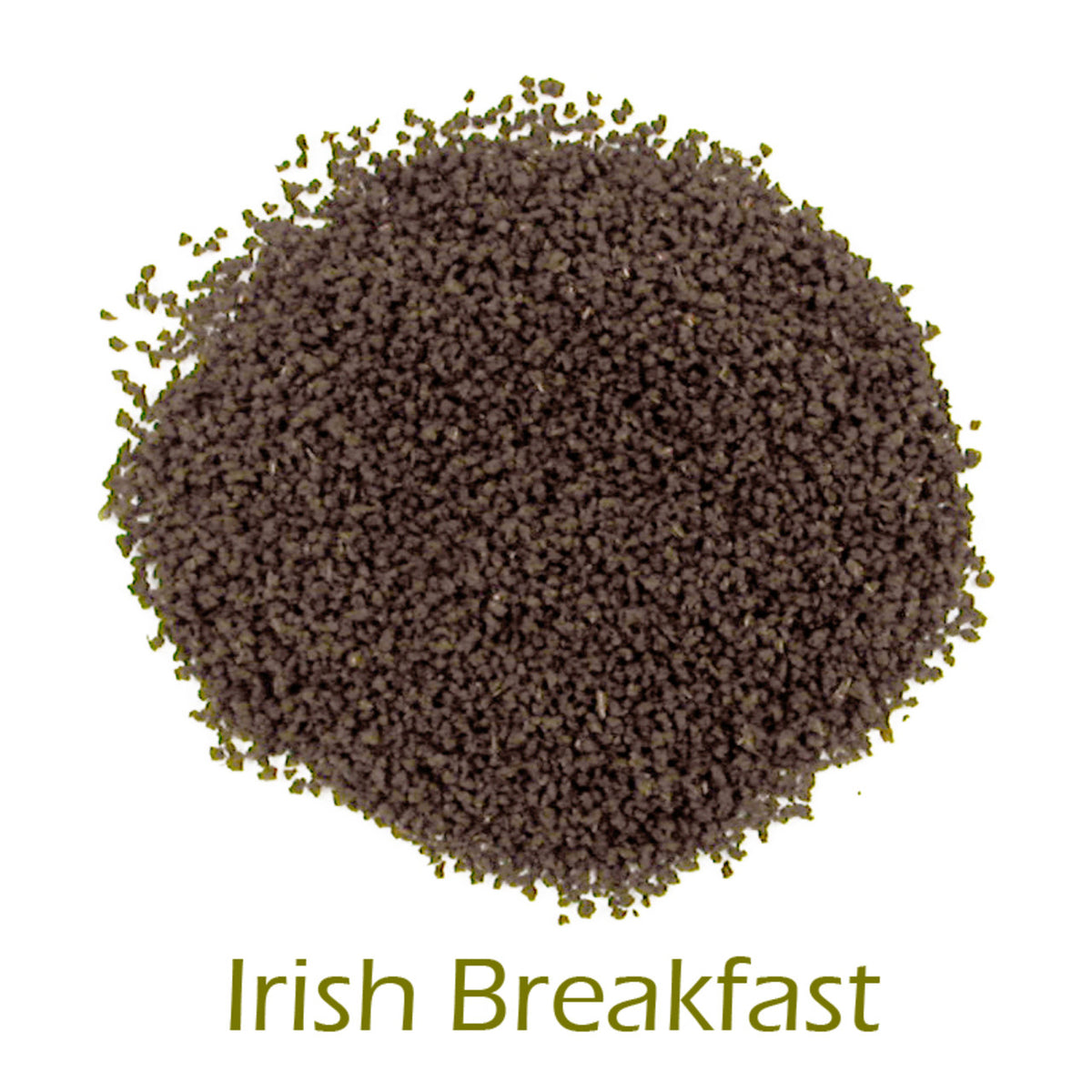 Irish Breakfast loose-leaf tea on a white background with product title text callout at bottom