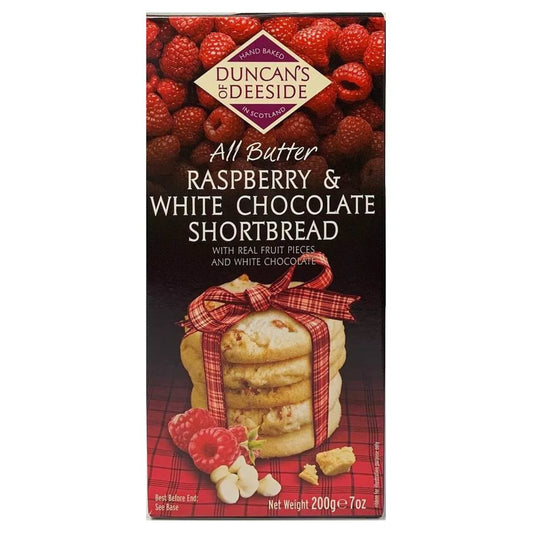 Box of Duncan's of Deeside raspberry and white chocolate shortbread with raspberries and a plaid design.