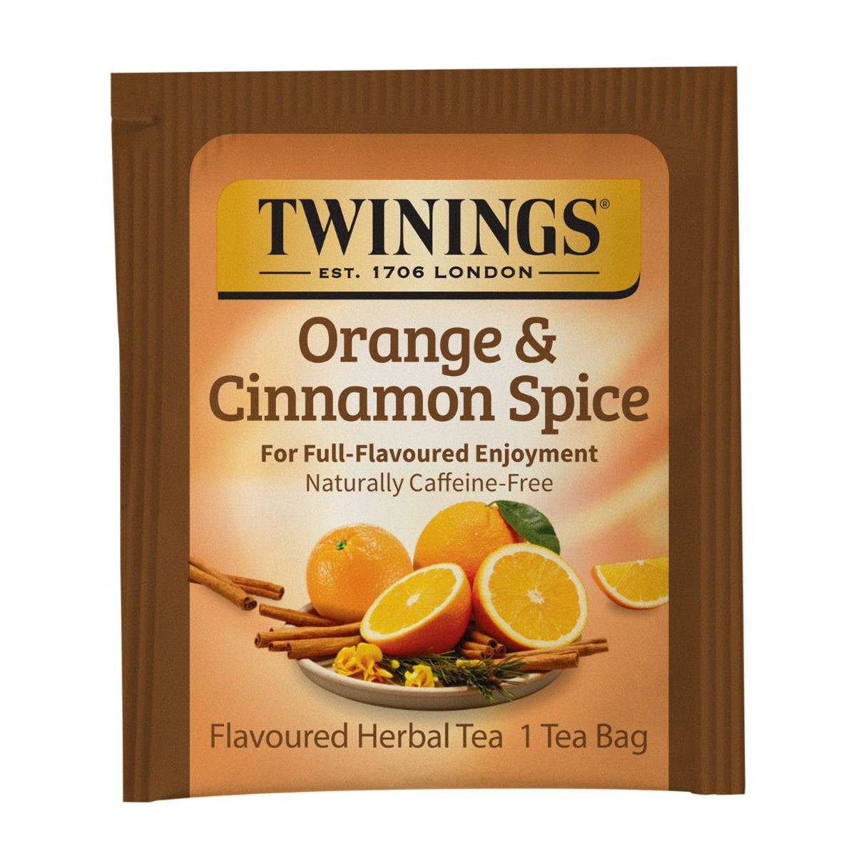 Twinings Orange & Cinnamon Spice tea bag packaging on a white background