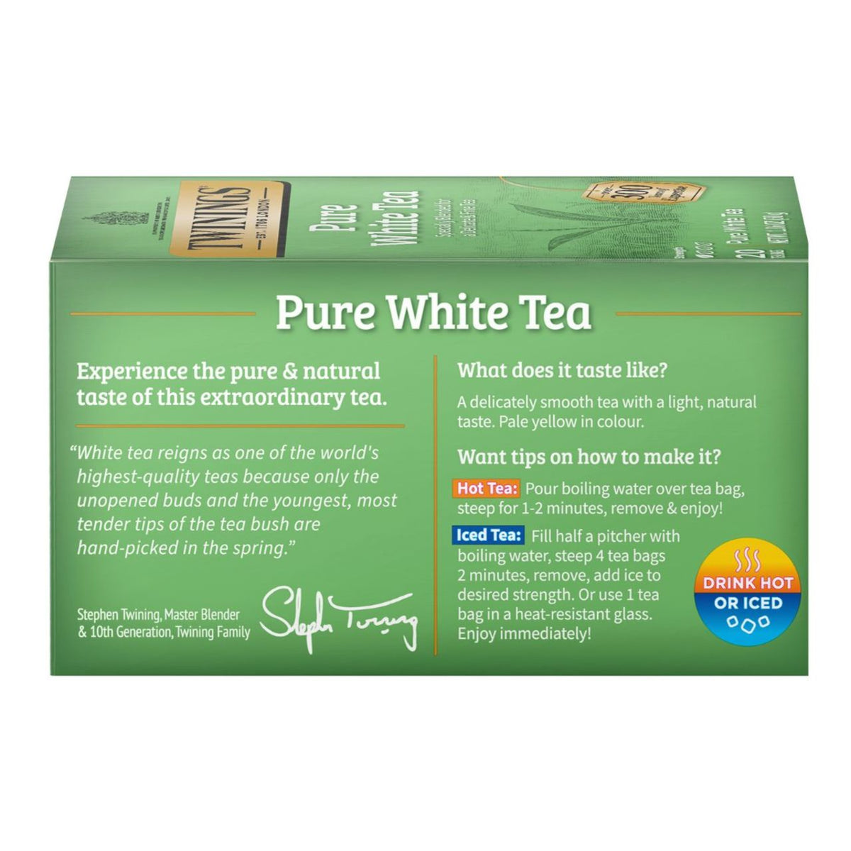 Box of Twinings White Tea with green background