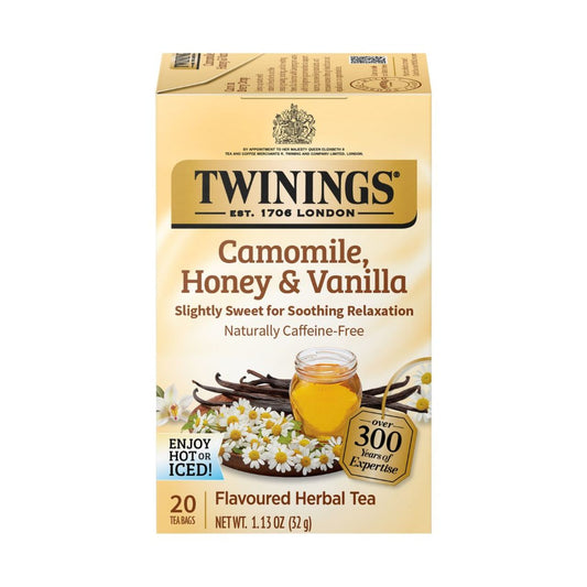 Twinings Camomile, Honey & Vanilla tea box on a white background