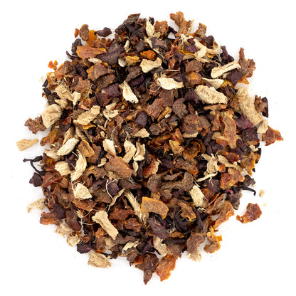 A close-up image of Hangover Helper Herbal Loose Leaf Tea, displaying a mix of dried herbs and spices.