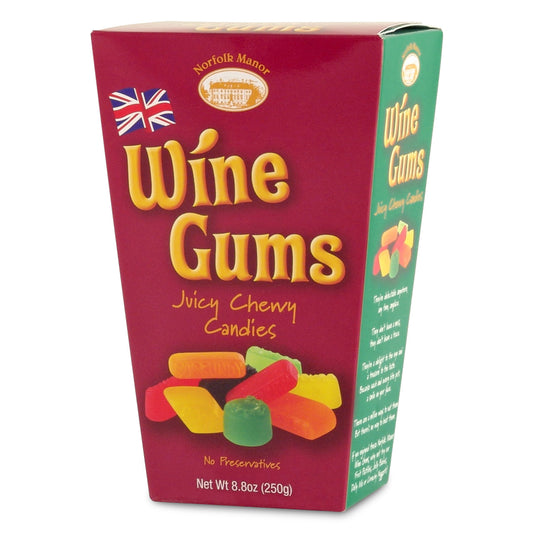 Box of Wine Gums candy with colorful gummy candies on a white background