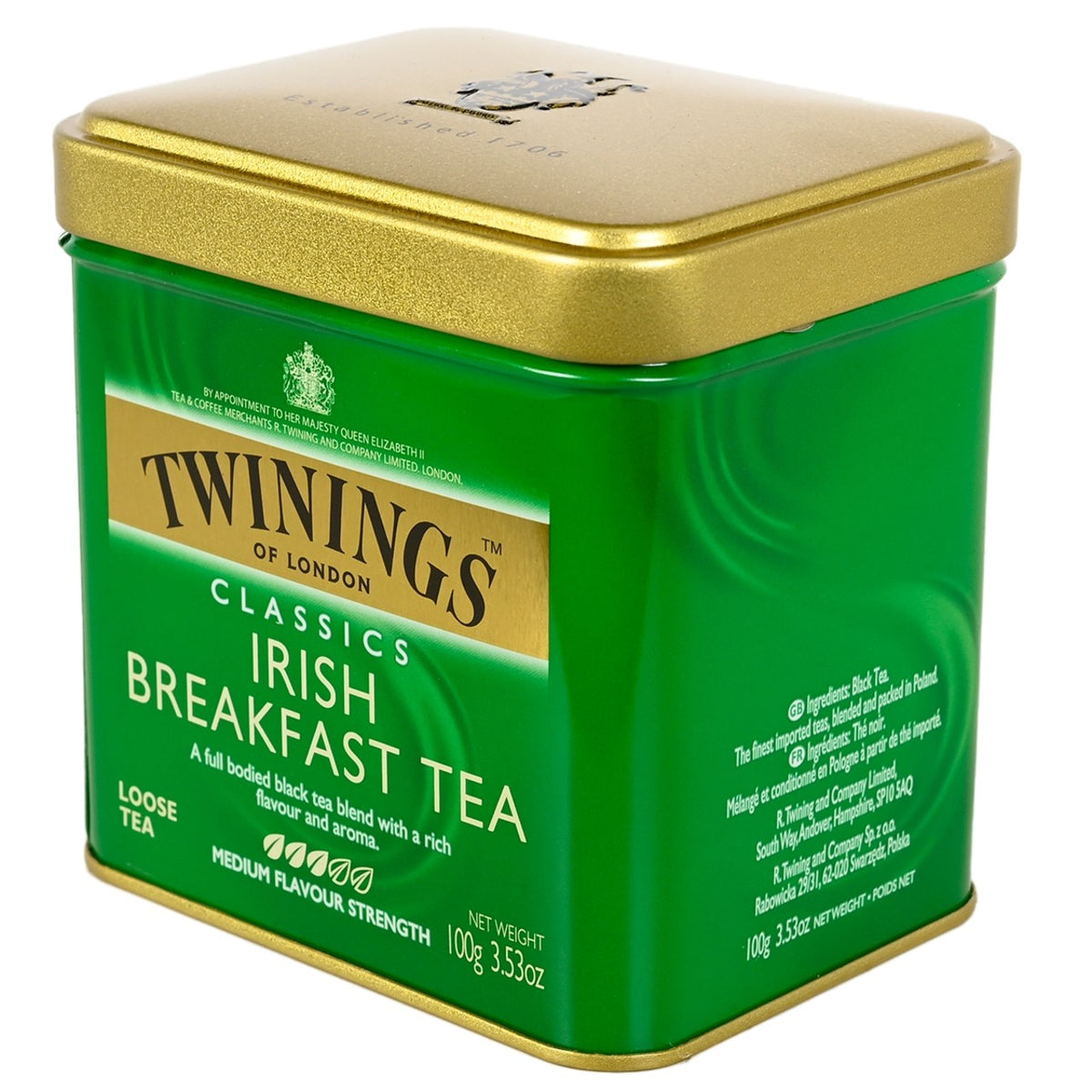 Green tea tin with gold lid featuring Twinings of London branding.