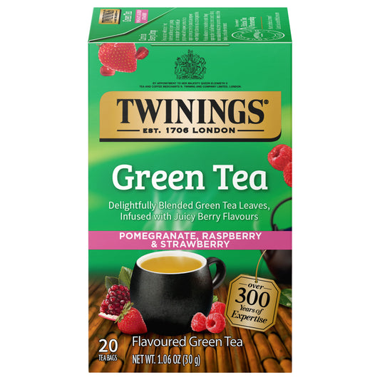 Twinings Green Tea box with pomegranate, raspberry, and strawberry flavors on a white background
