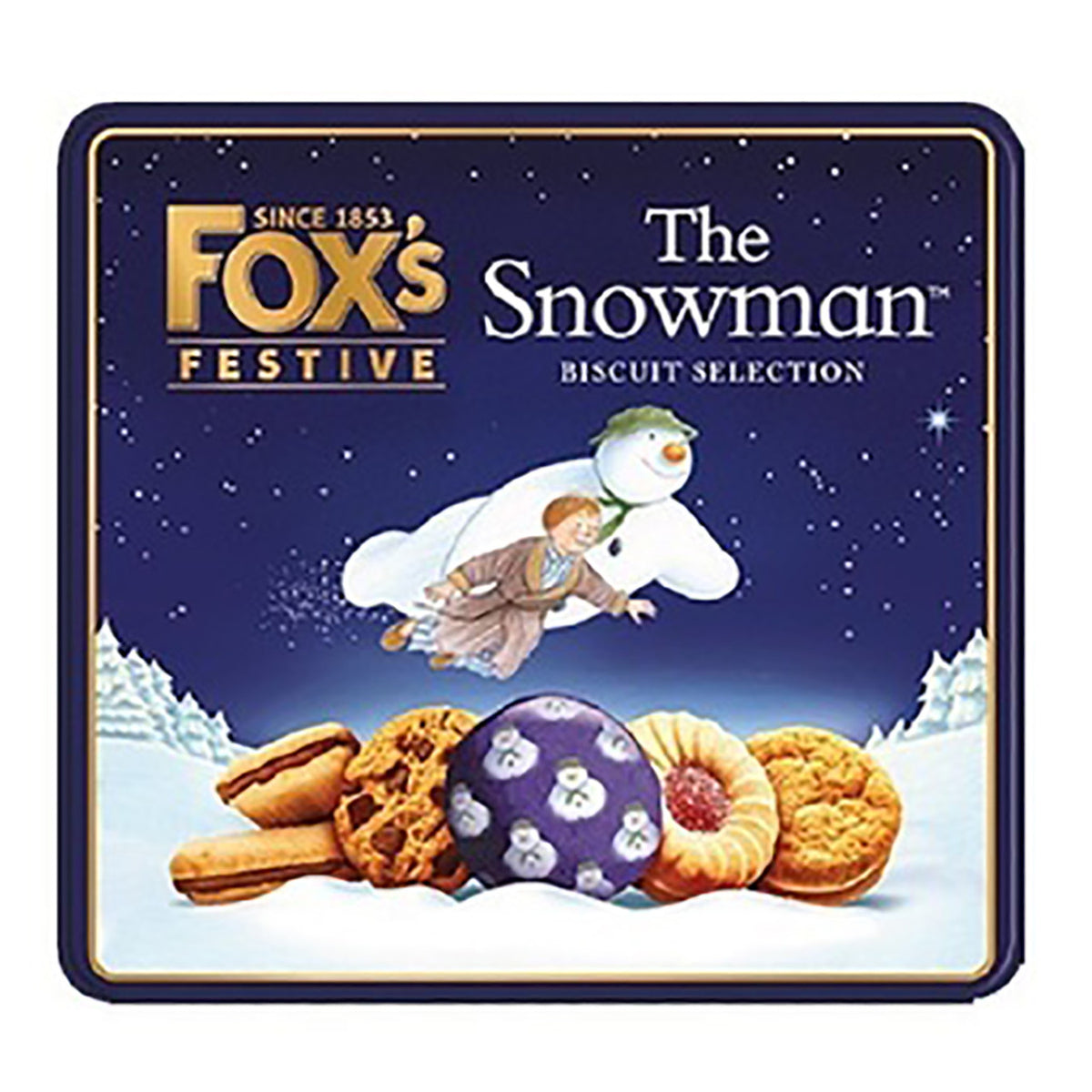 Fox's Festive The Snowman biscuit selection packaging with a snowman and child illustration on a blue background.