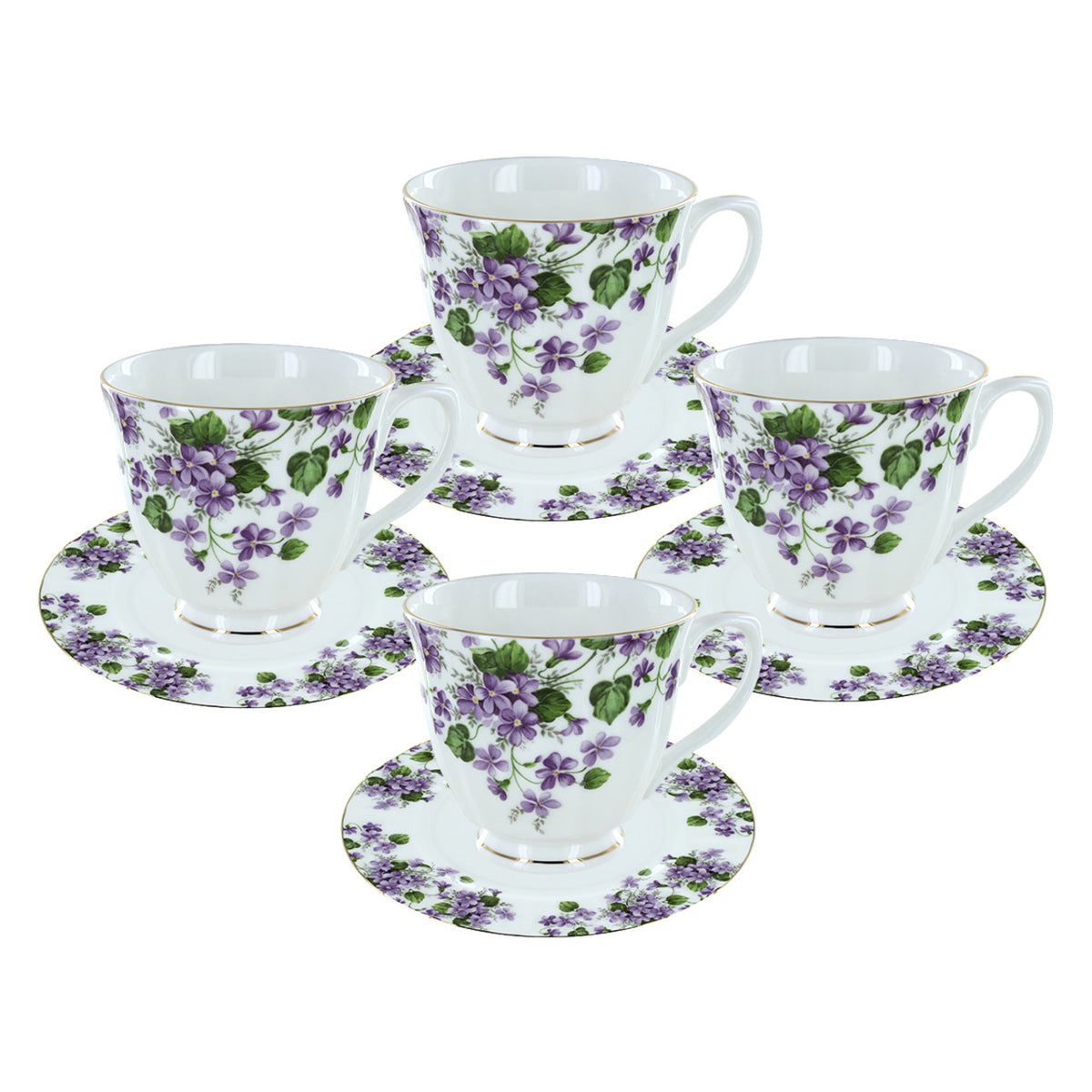 Set of four bone china cups and saucers with purple floral design on a white background
