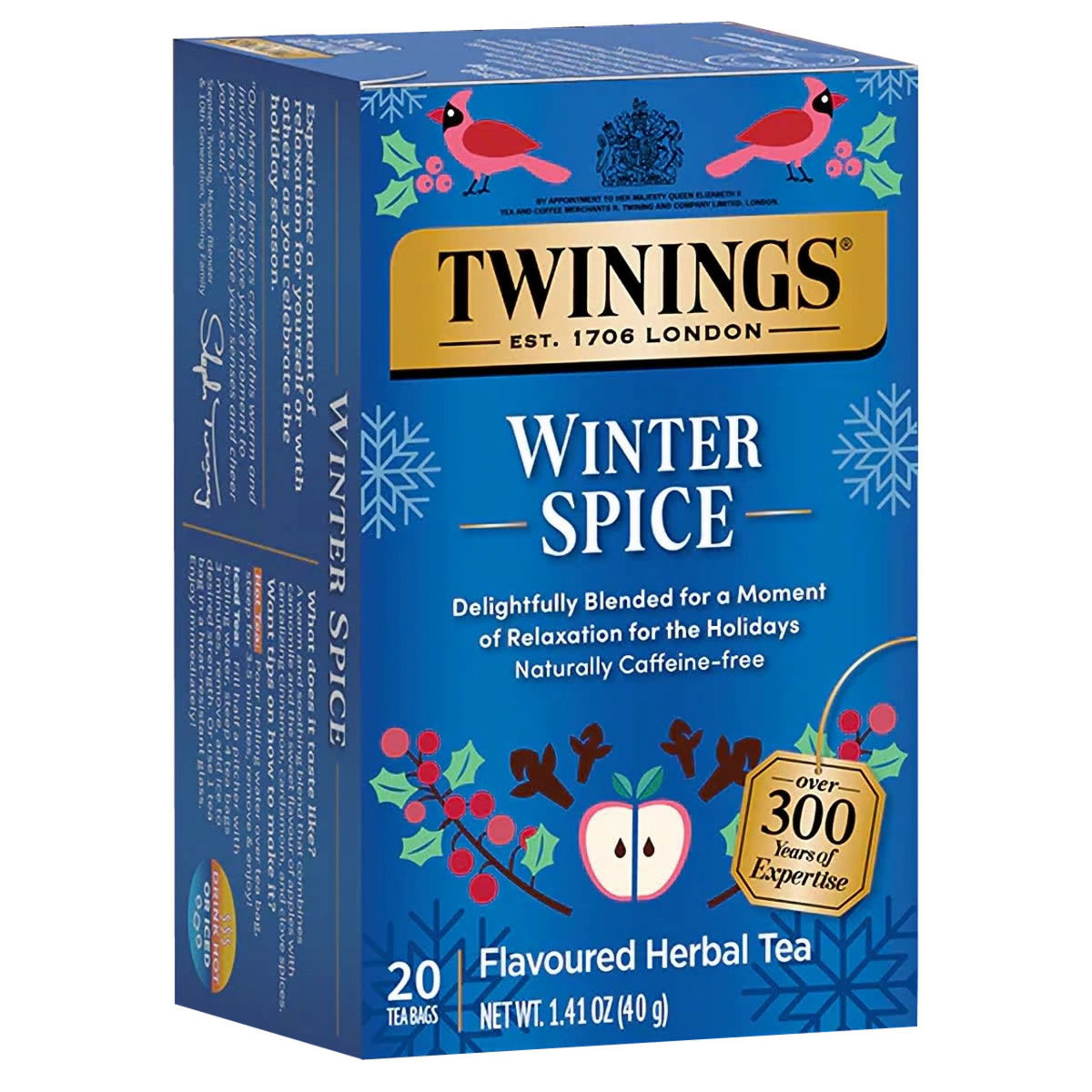 Twinings Winter Spice tea blue box package on a white background