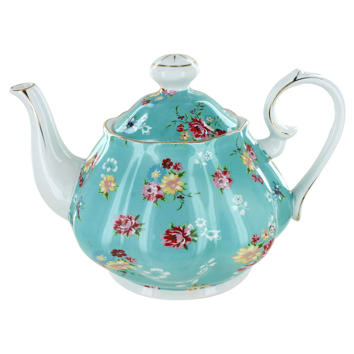 Turquoise porcelain teapot with floral design on a white background