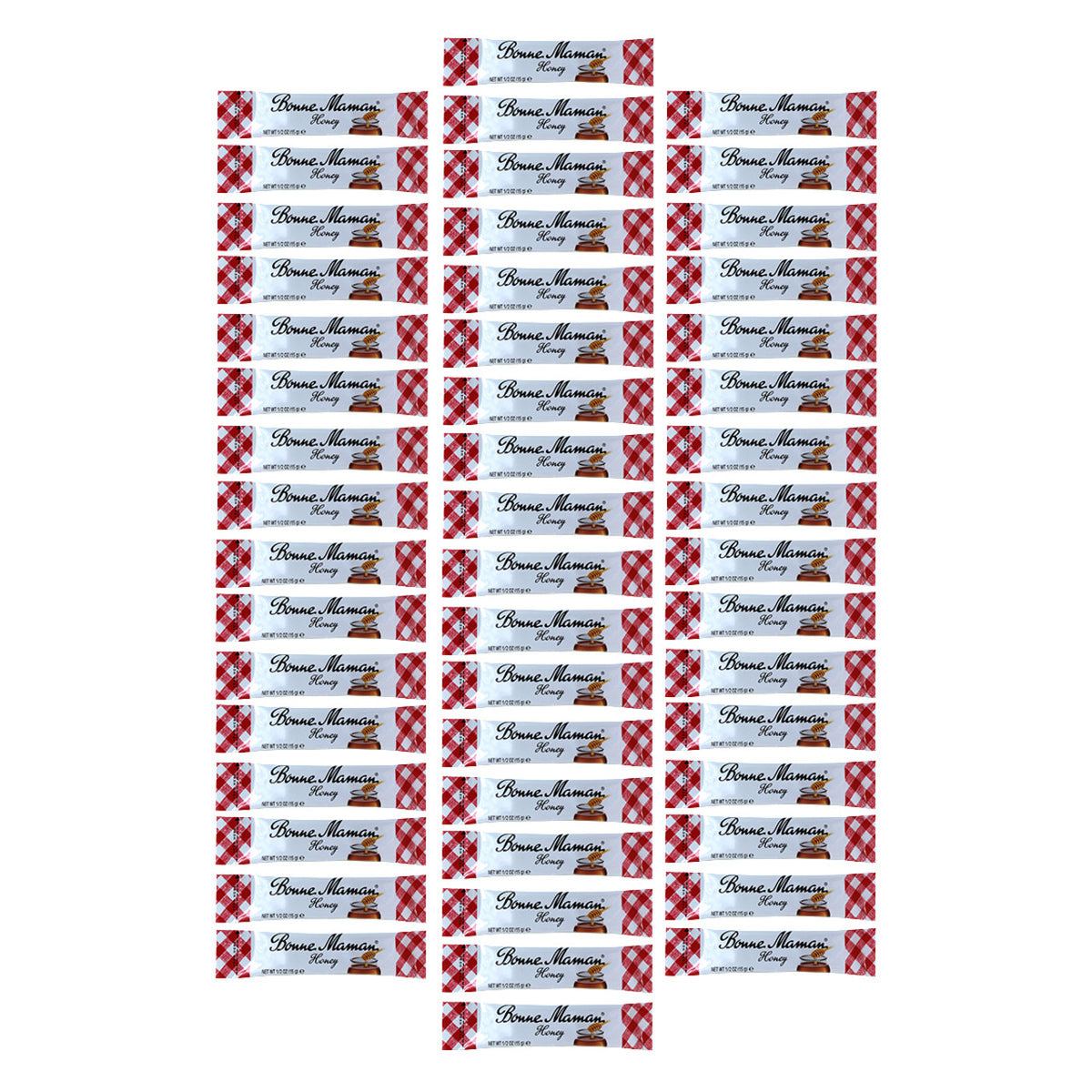 Three rows of numerous 0.5oz packs of Bonne Maman Honey
