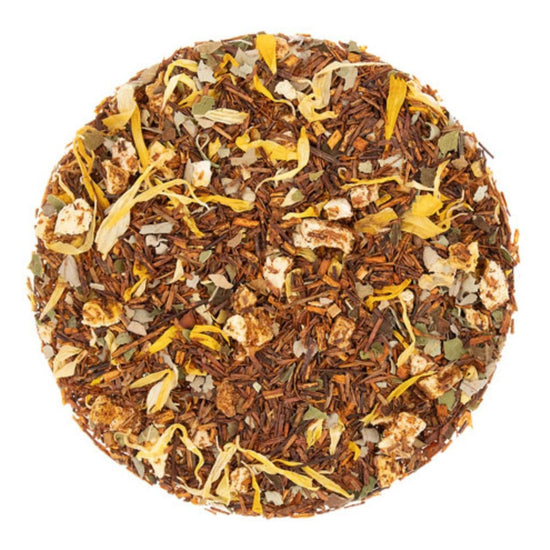 Tea blend with visible tea leaves and flower petals on a white background