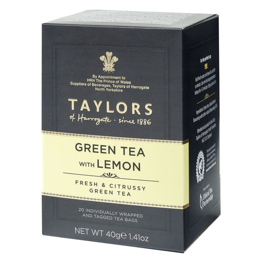 Box of Taylors of Harrogate Green Tea with Lemon on a white background