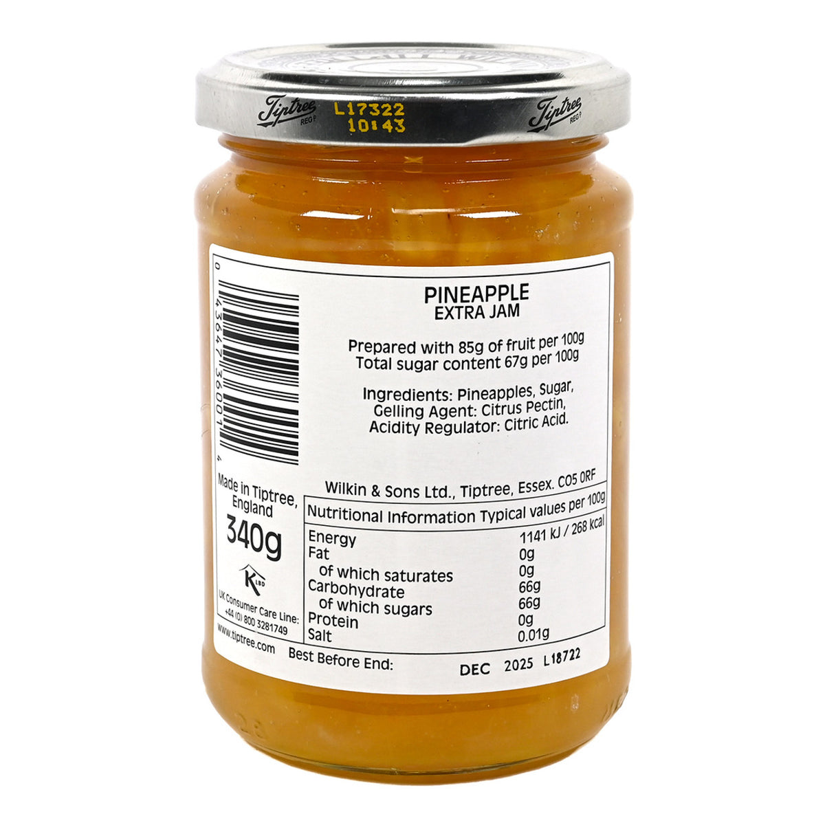 Jar of Wilkin & Sons Pineapple Conserve featuring a label with black print containing nutrition and ingredients.