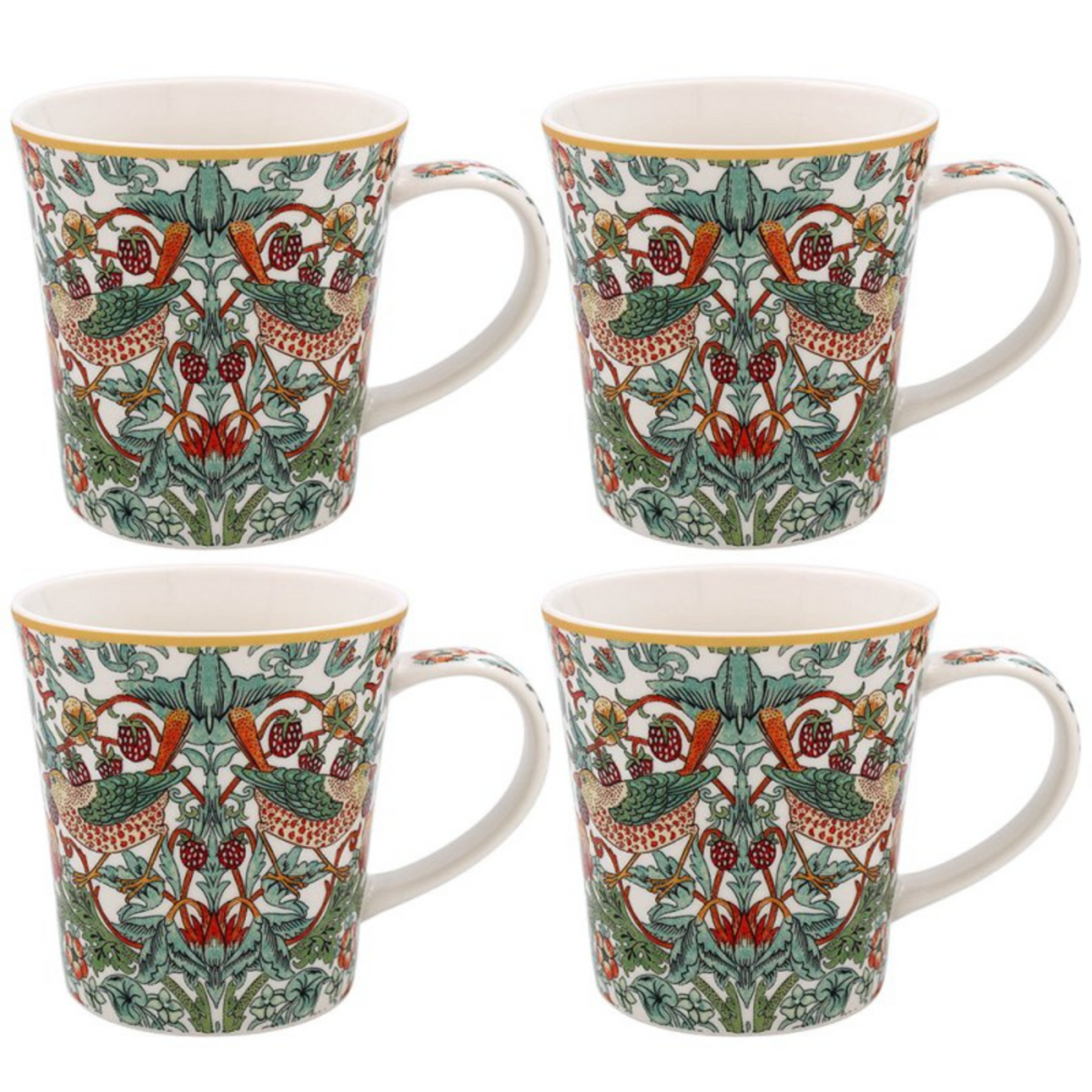 Set of four mugs with a decorative pattern on a white background
