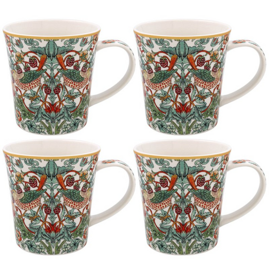 Set of four mugs with a decorative pattern on a white background