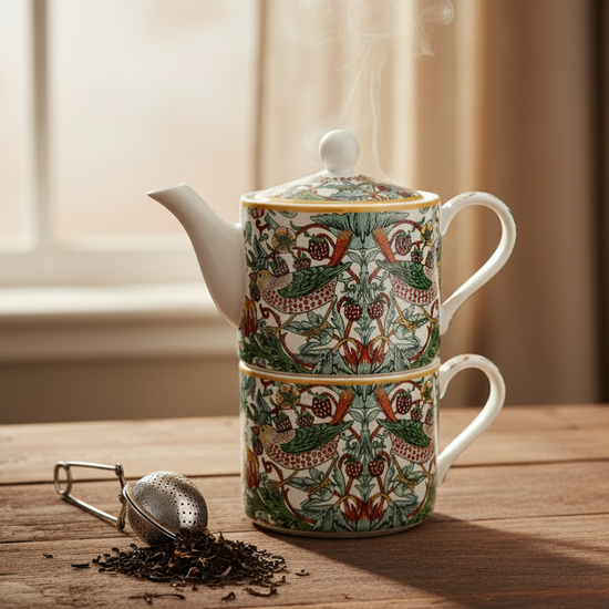 Decorative teapot stacked on a matching mug with intricate patterns on a table with loose tea
