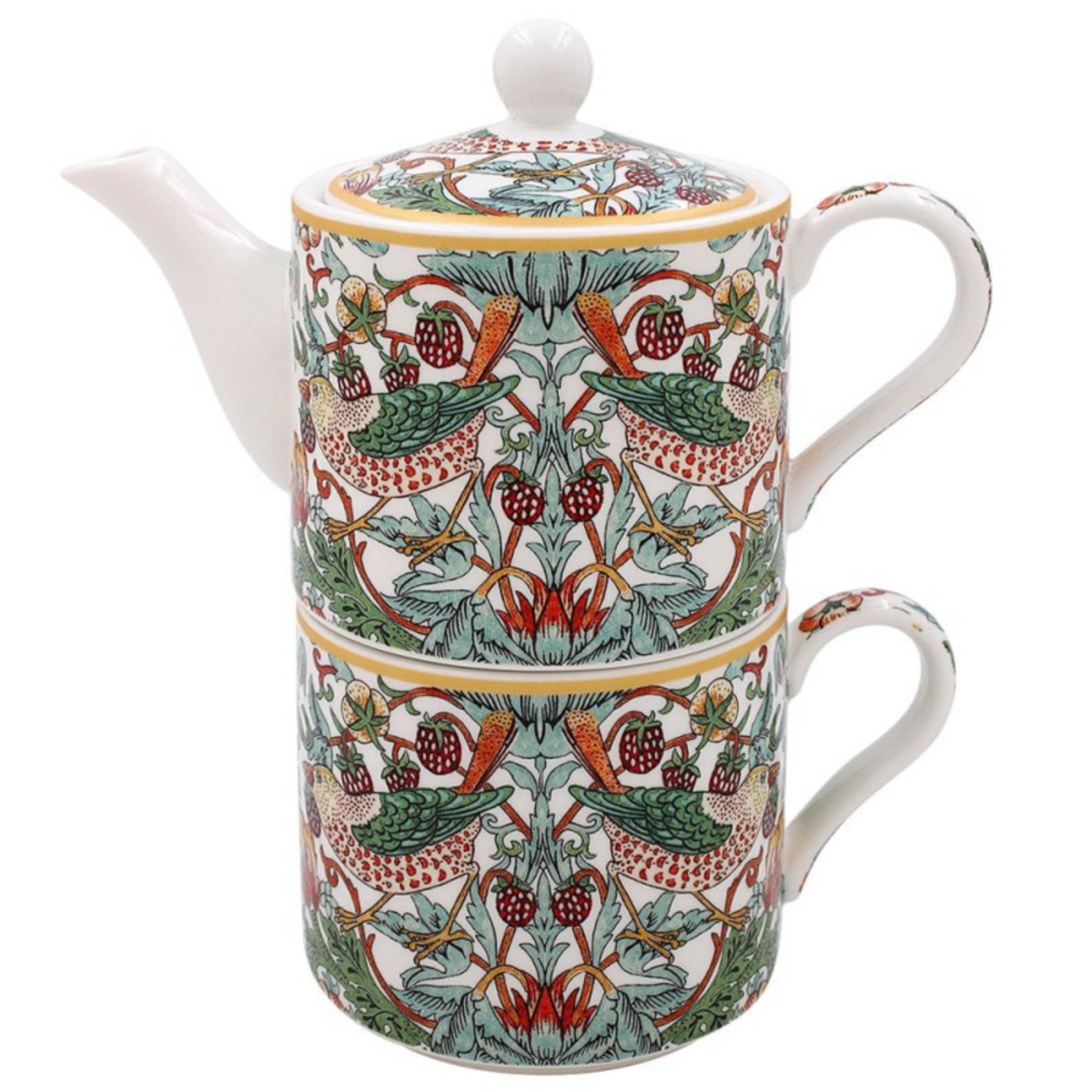 Decorative teapot stacked on a matching mug with intricate patterns on a white background