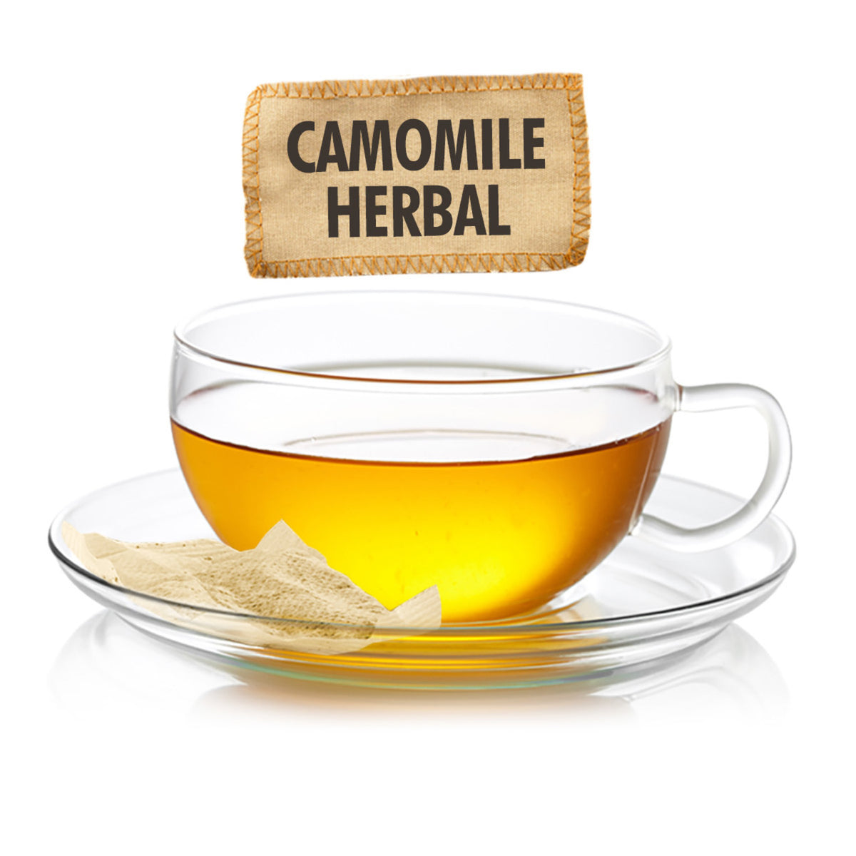 Glass cup of camomile herbal tea with a teabag labeled 'Camomile Herbal' on a white background