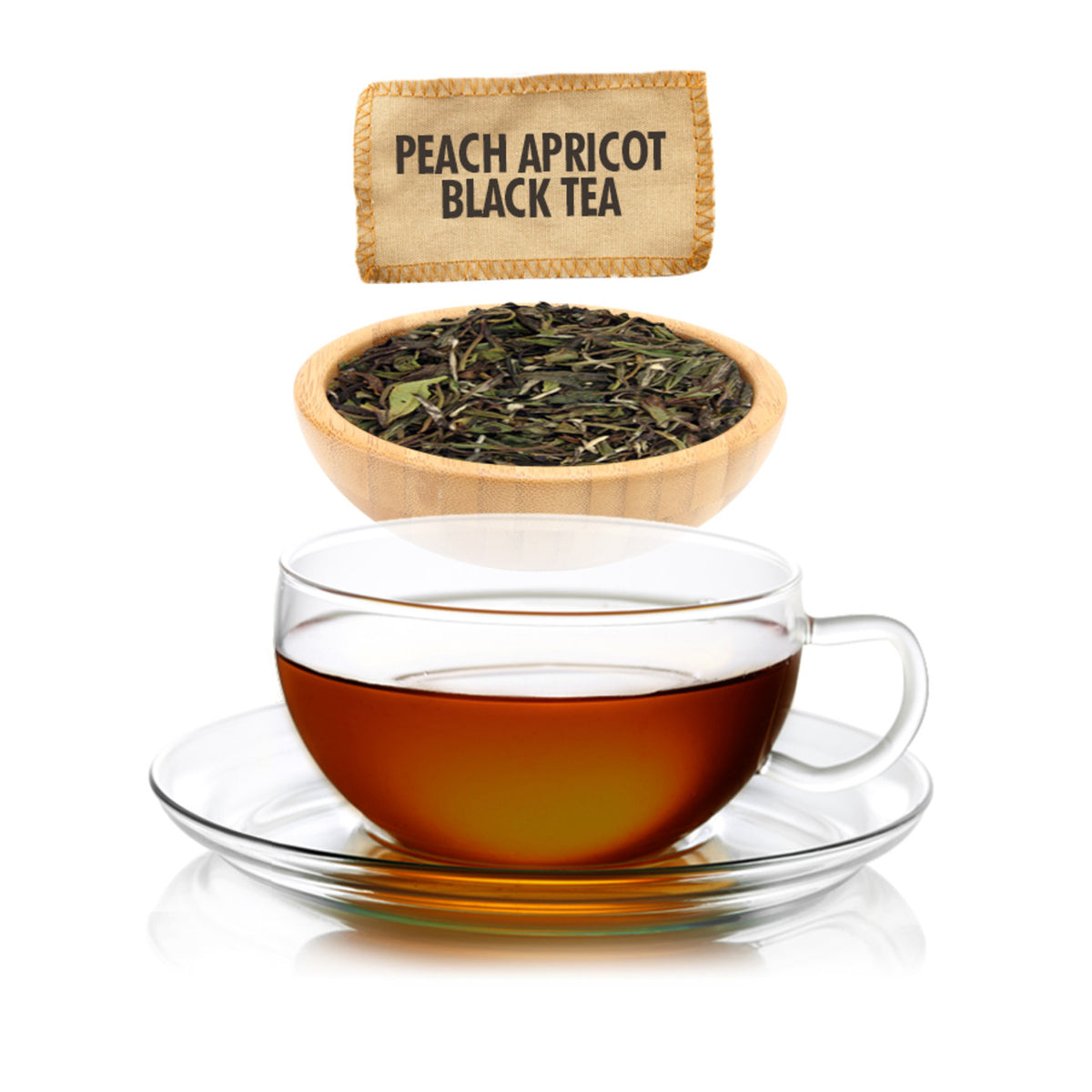 Glass cup of peach apricot black tea with a wooden bowl of tea leaves and a label above on a white background