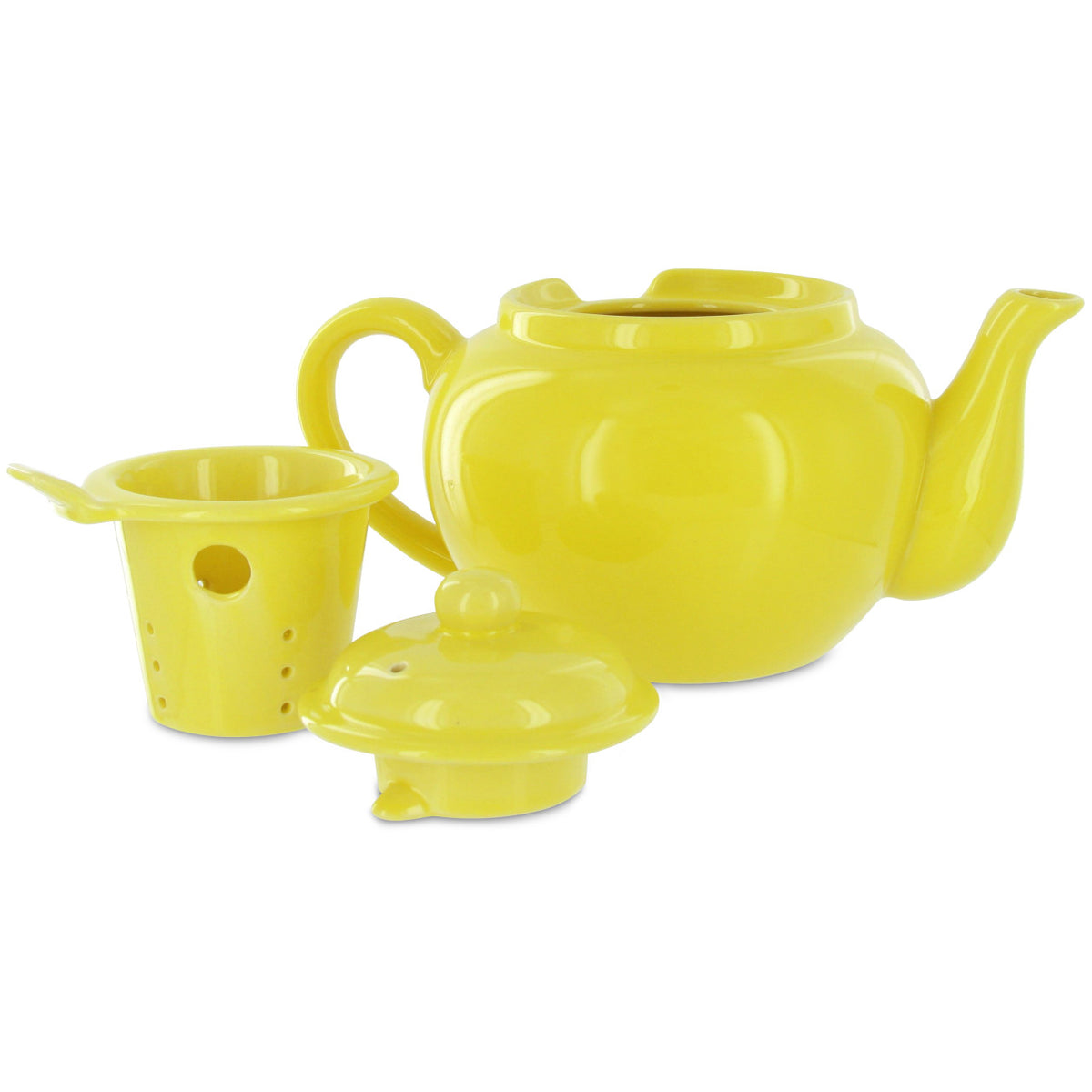 Yellow teapot with lid and infuser on a white background