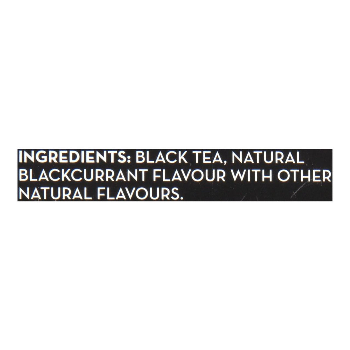 Text label with ingredients of black tea and natural blackcurrant flavor on a white background