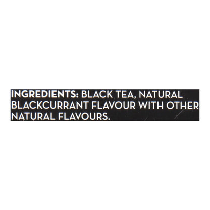 Text label with ingredients of black tea and natural blackcurrant flavor on a white background