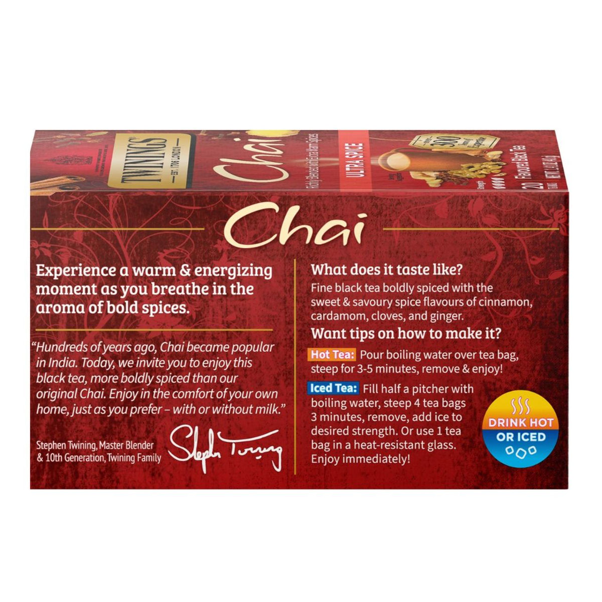 Side view of a dark red box of Twinings Chai featuring product and branding information.